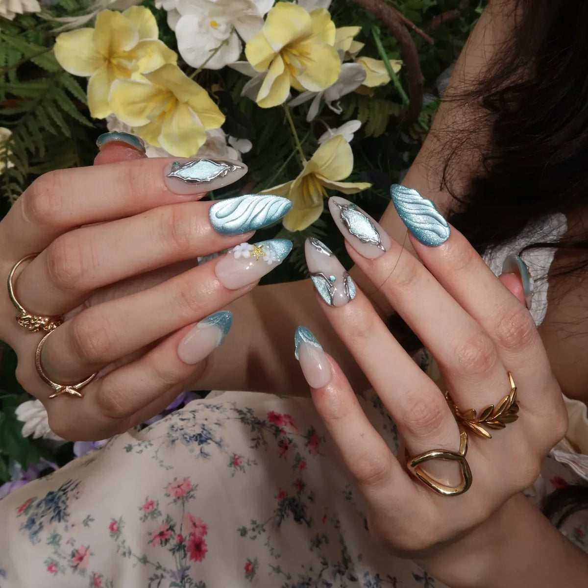 Ocean Breeze Chrome Fresh Almond Press On Nails