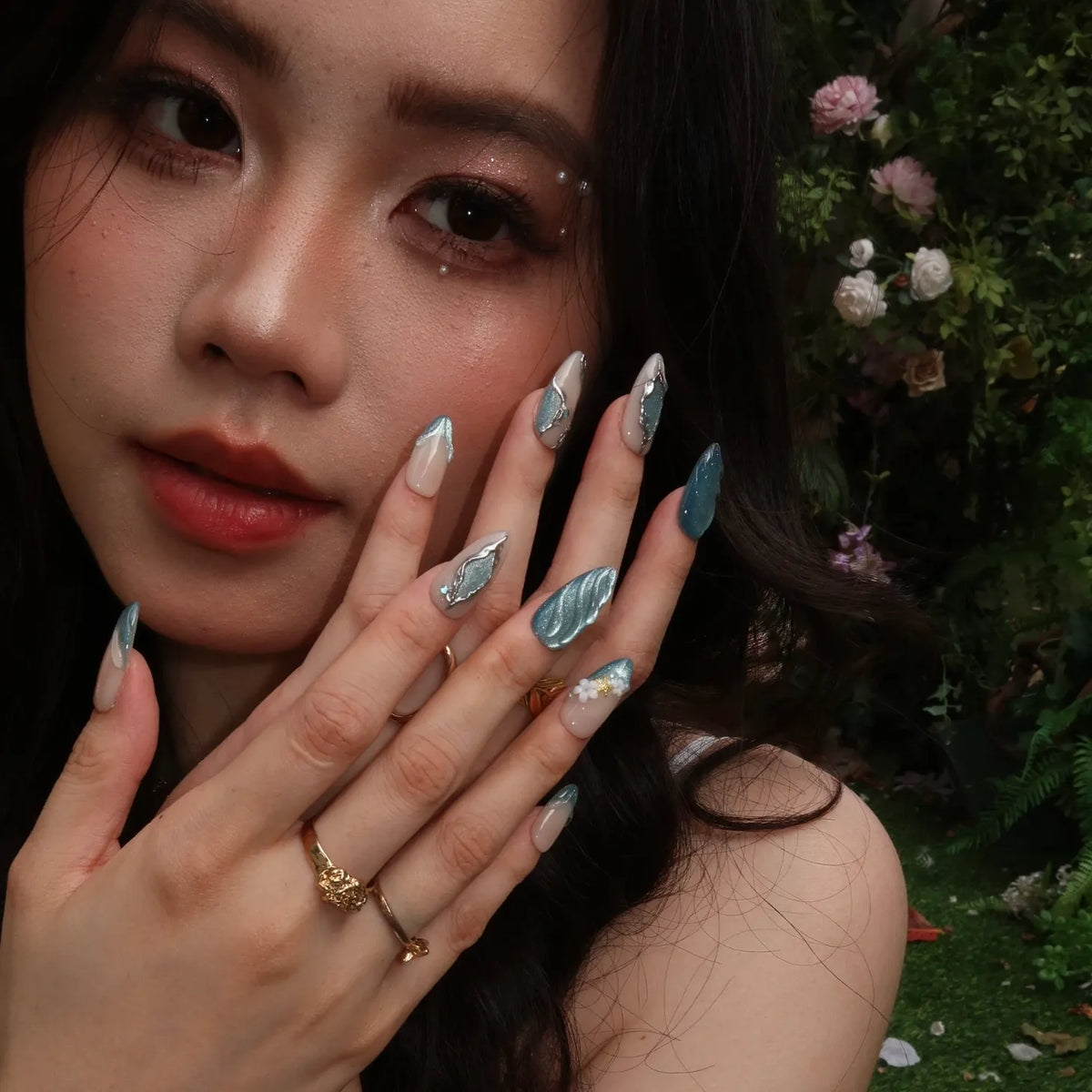 Ocean Breeze Chrome Fresh Almond Press On Nails