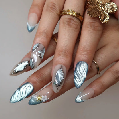 Ocean Breeze Chrome Fresh Almond Press On Nails