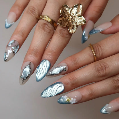 Ocean Breeze Chrome Fresh Almond Press On Nails