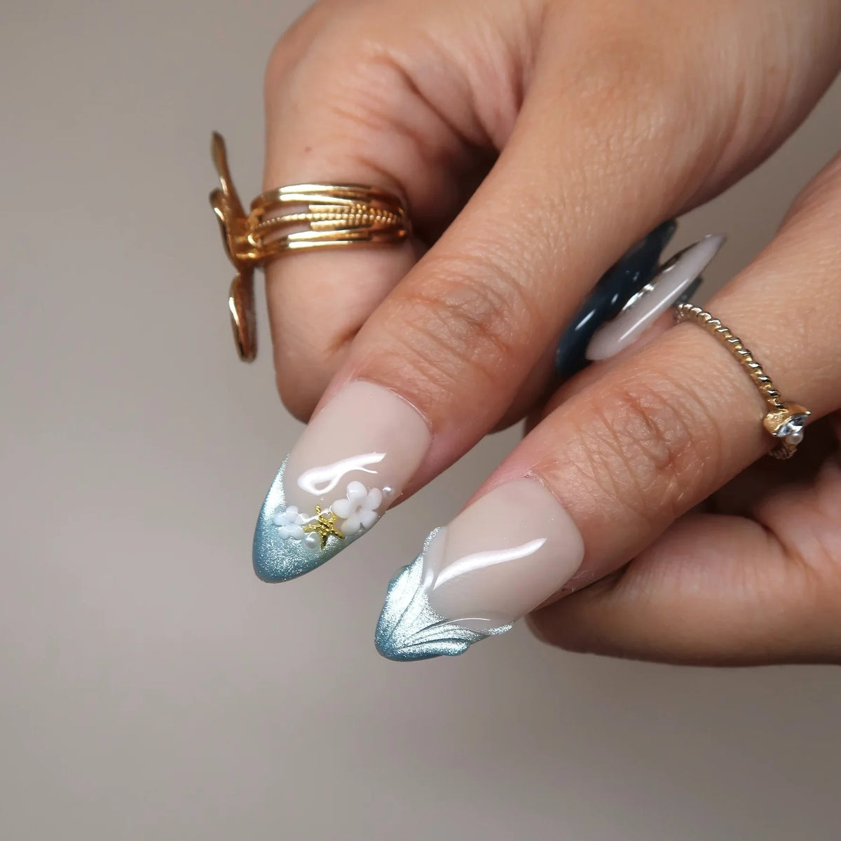 Ocean Breeze Chrome Fresh Almond Press On Nails