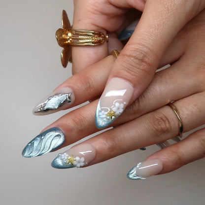 Ocean Breeze Chrome Fresh Almond Press On Nails