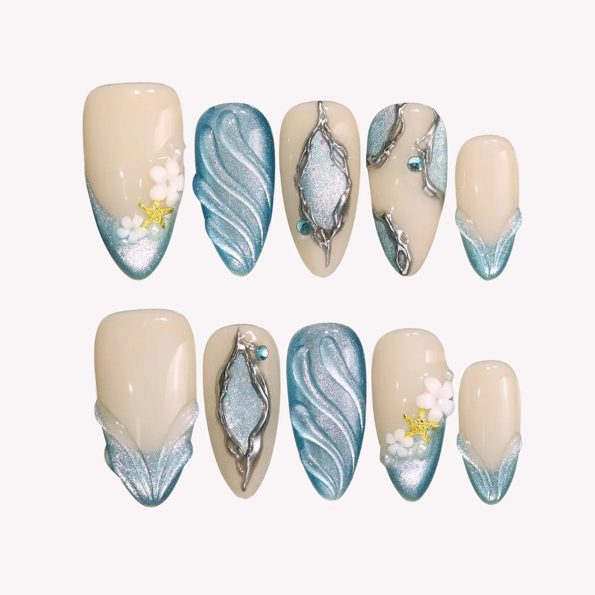 Ocean Breeze Chrome Fresh Almond Press On Nails