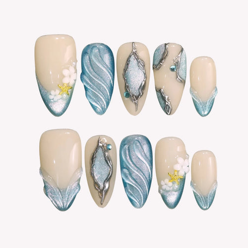 Ocean Breeze Chrome Fresh Almond Press On Nails