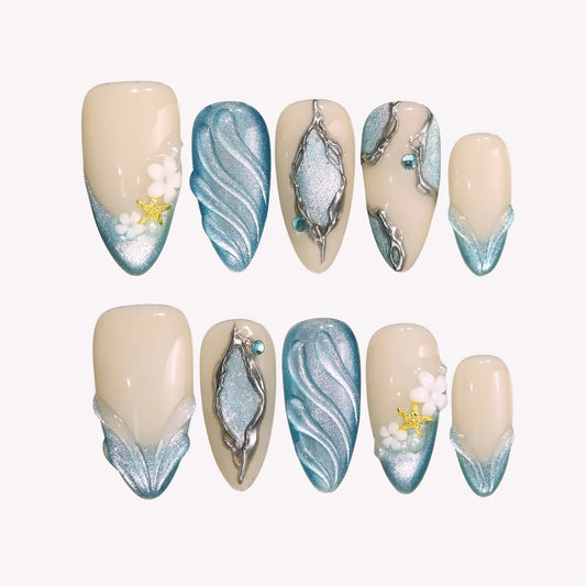 Ocean Breeze Chrome Fresh Almond Press On Nails