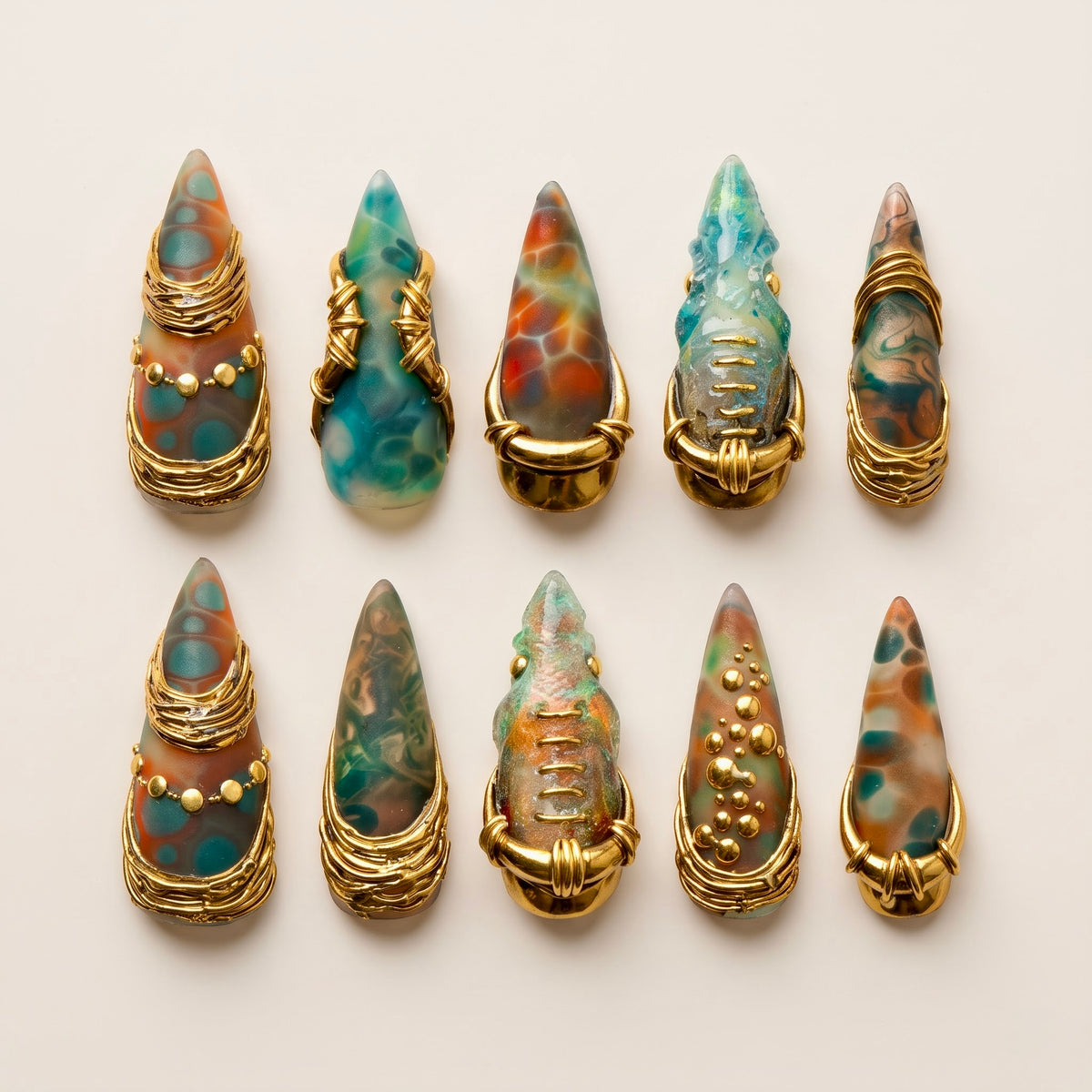 Ocean Jasper Gold Wire Agate Stiletto Press On Nails