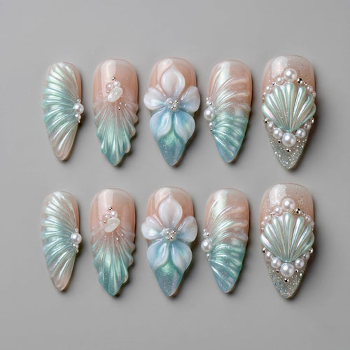 Pearl Mermaid Iridescent Elegant Stiletto Press On Nails