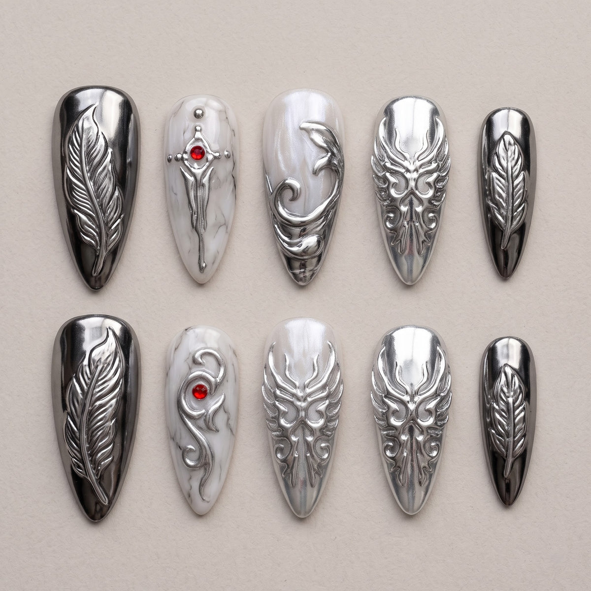 Silver Wing Press On Nails — 3D Feather & Chrome Set | Handmade Stiletto, Fantasy Romance