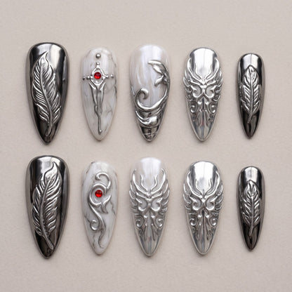 Silver Wing Press On Nails — 3D Feather & Chrome Set | Handmade Stiletto, Fantasy Romance