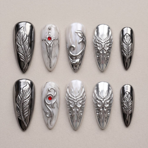 Silver Wing Press On Nails — 3D Feather & Chrome Set | Handmade Stiletto, Fantasy Romance