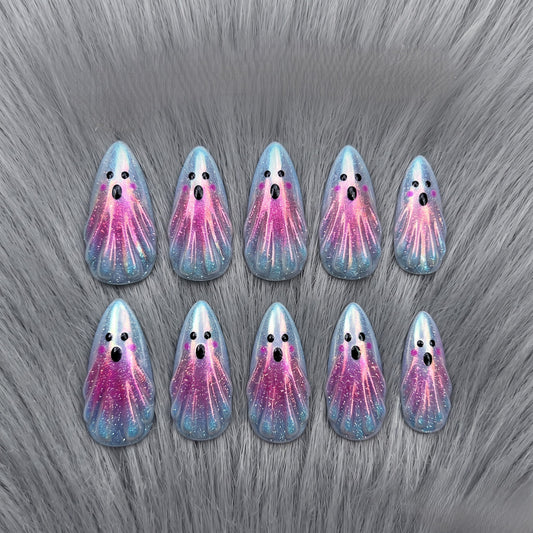 Boo Ghost Cat-Eye Spooky Almond Press On Nails