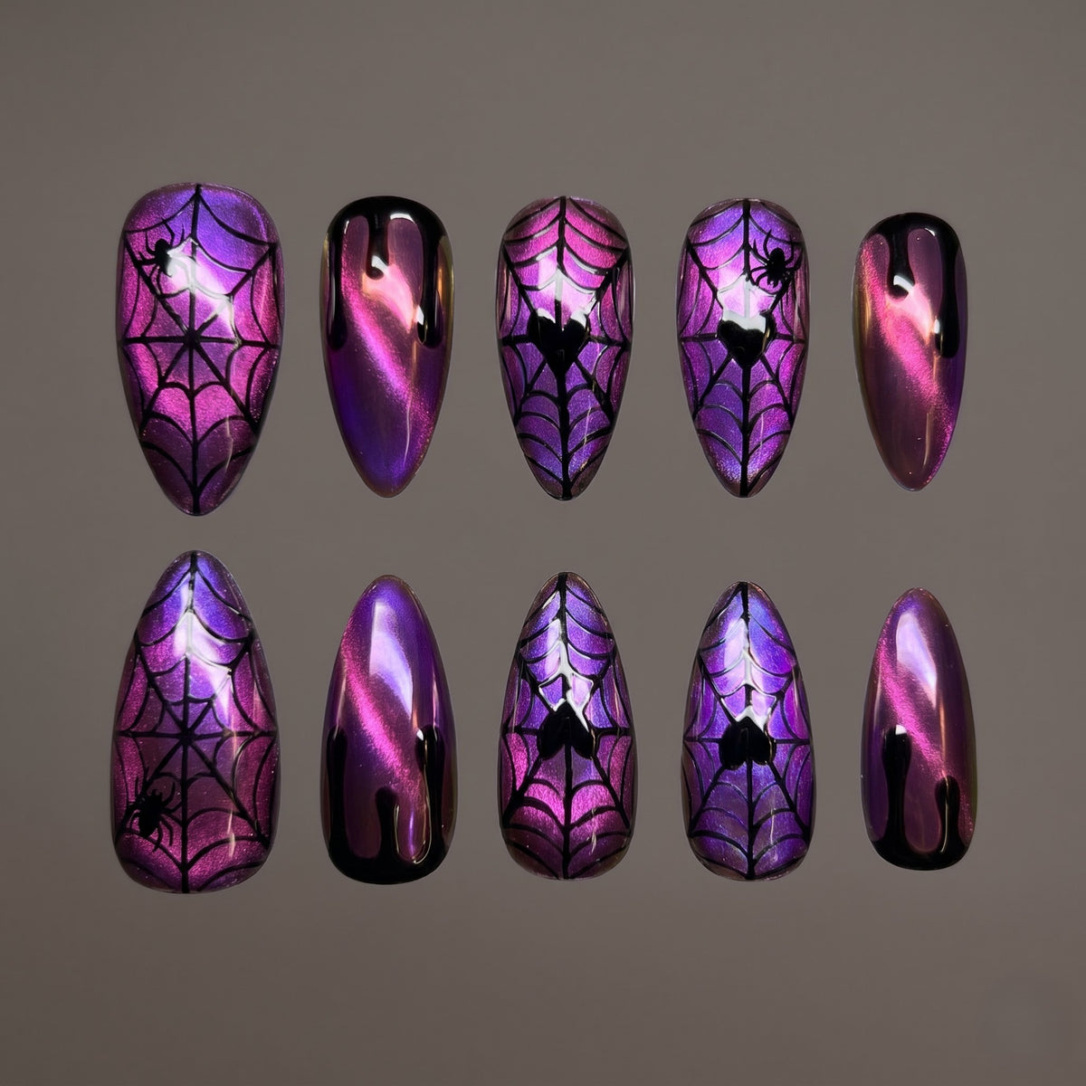 Purple Widow Cat-Eye Spiderweb Almond Press On Nails