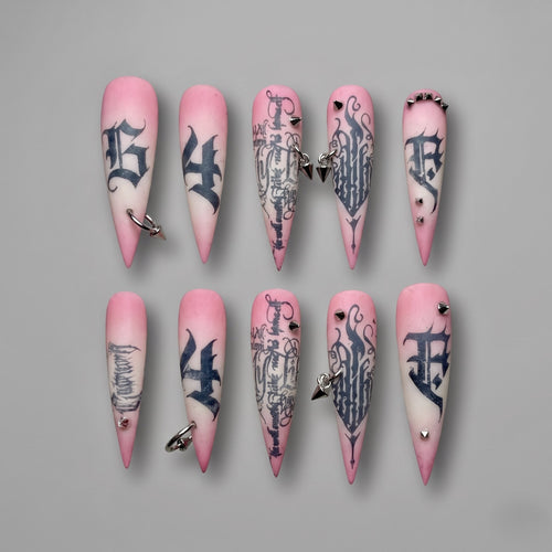 Pink Gothic Black Lettering Silver Spike Stiletto Press On Nails