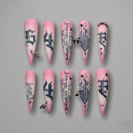 Pink Gothic Black Lettering Silver Spike Stiletto Press On Nails
