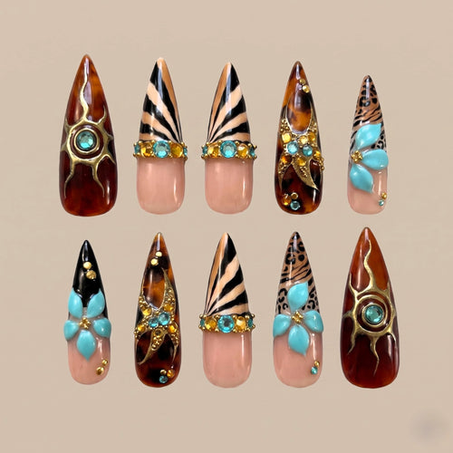 Wild Safari Turquoise Bloom 3D Stiletto Press On Nails