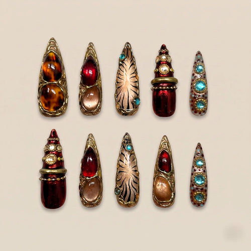 Gilded Garnet Baroque Jewel Stiletto Press On Nails