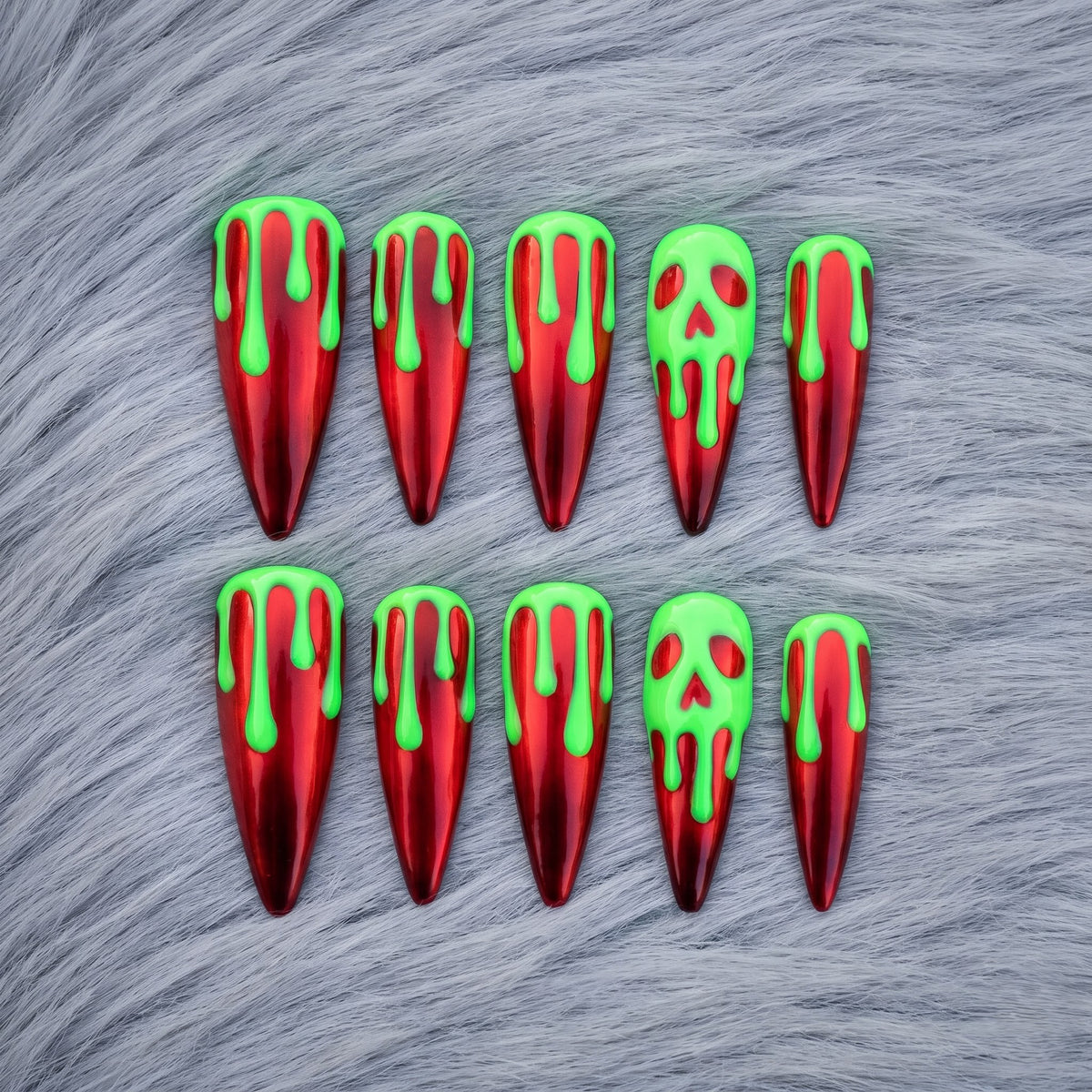 Neon Horror Green Cat-Eye Drip Chrome Stiletto Press On Nails