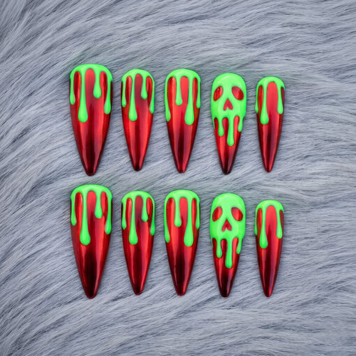 Neon Horror Green Cat-Eye Drip Chrome Stiletto Press On Nails