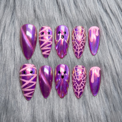Pink Spook Chrome Cat-Eye Cute Almond Press On Nails