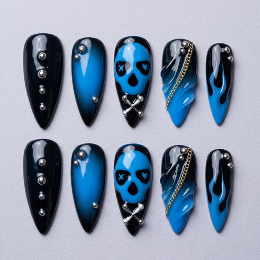 Blue Flame Skull Press On Nails — Chain & Stud Set | Handmade Black Stiletto, Y2K Grunge