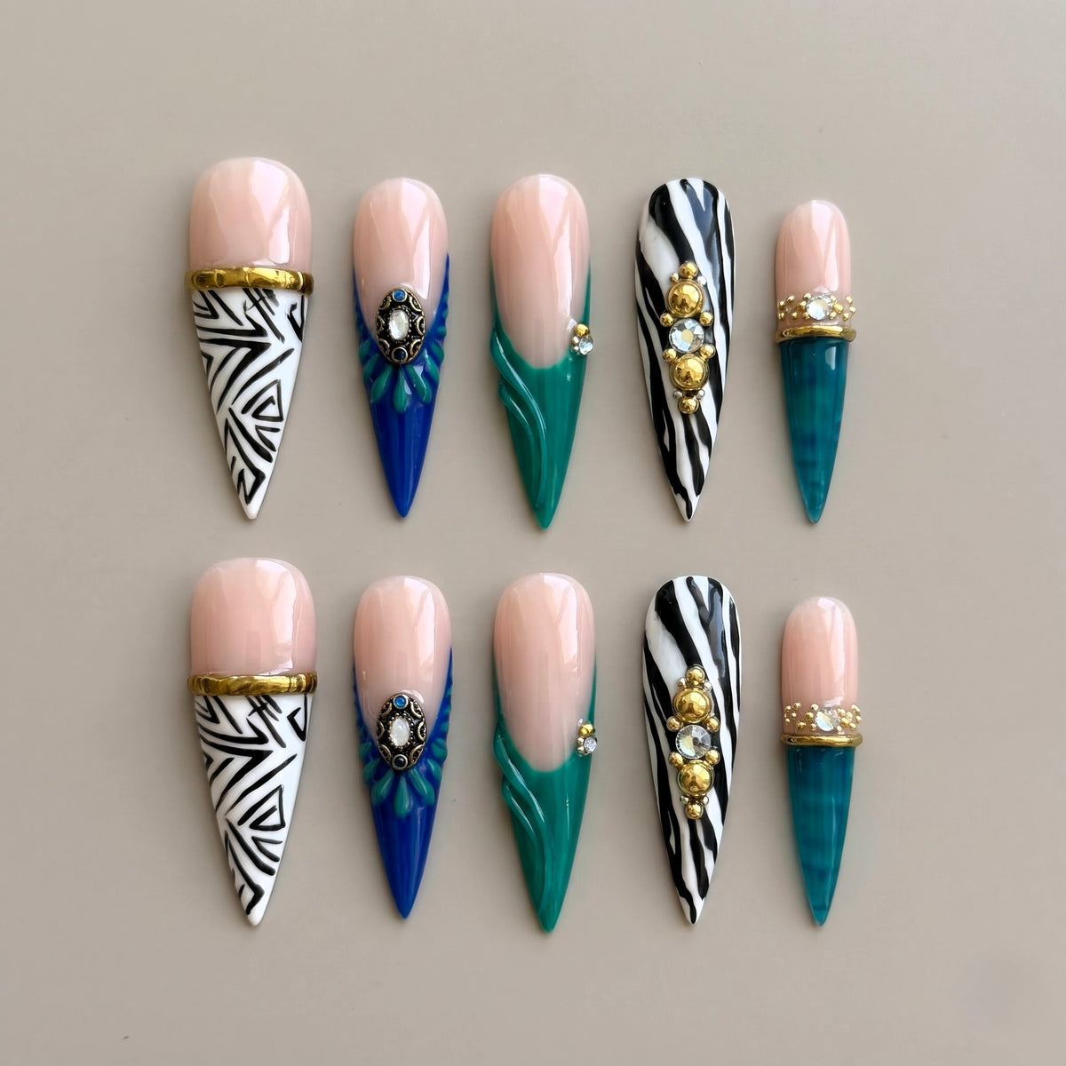 Wild Jade Eclectic Zebra Stiletto Press On Nails
