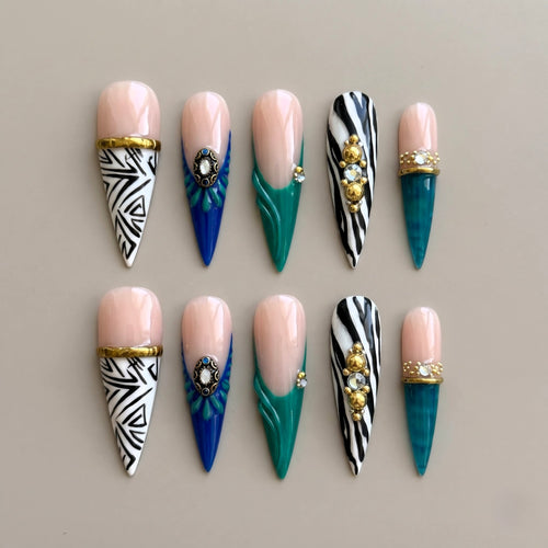 Wild Jade Eclectic Zebra Stiletto Press On Nails