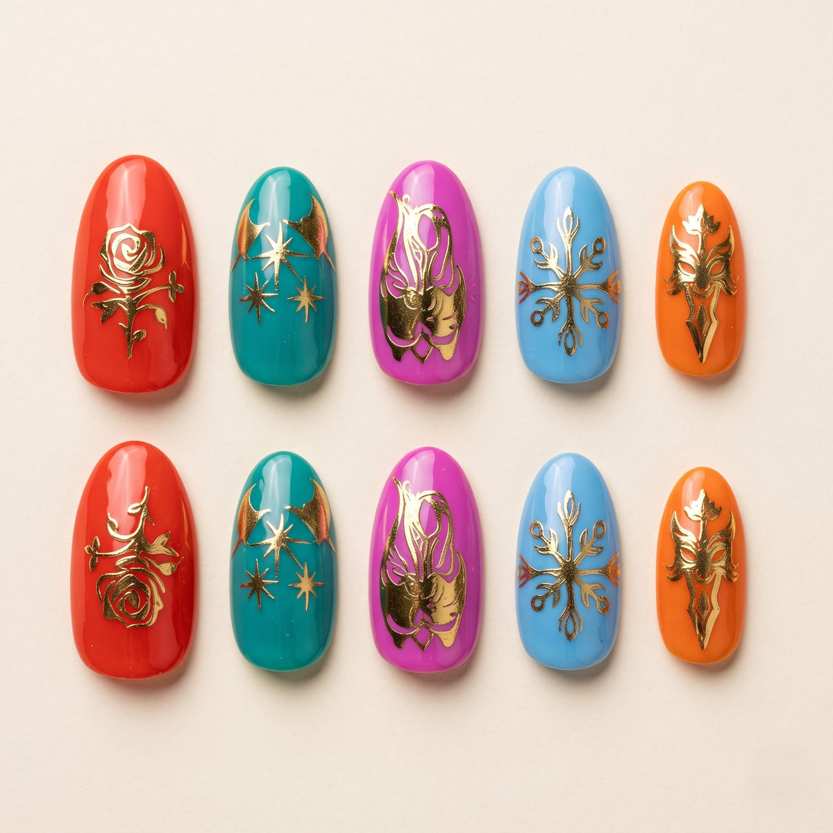 Bookish Press On Nails — Gold Rose & Thorn Set | Hand-Painted Almond, Romantasy Reader Gift