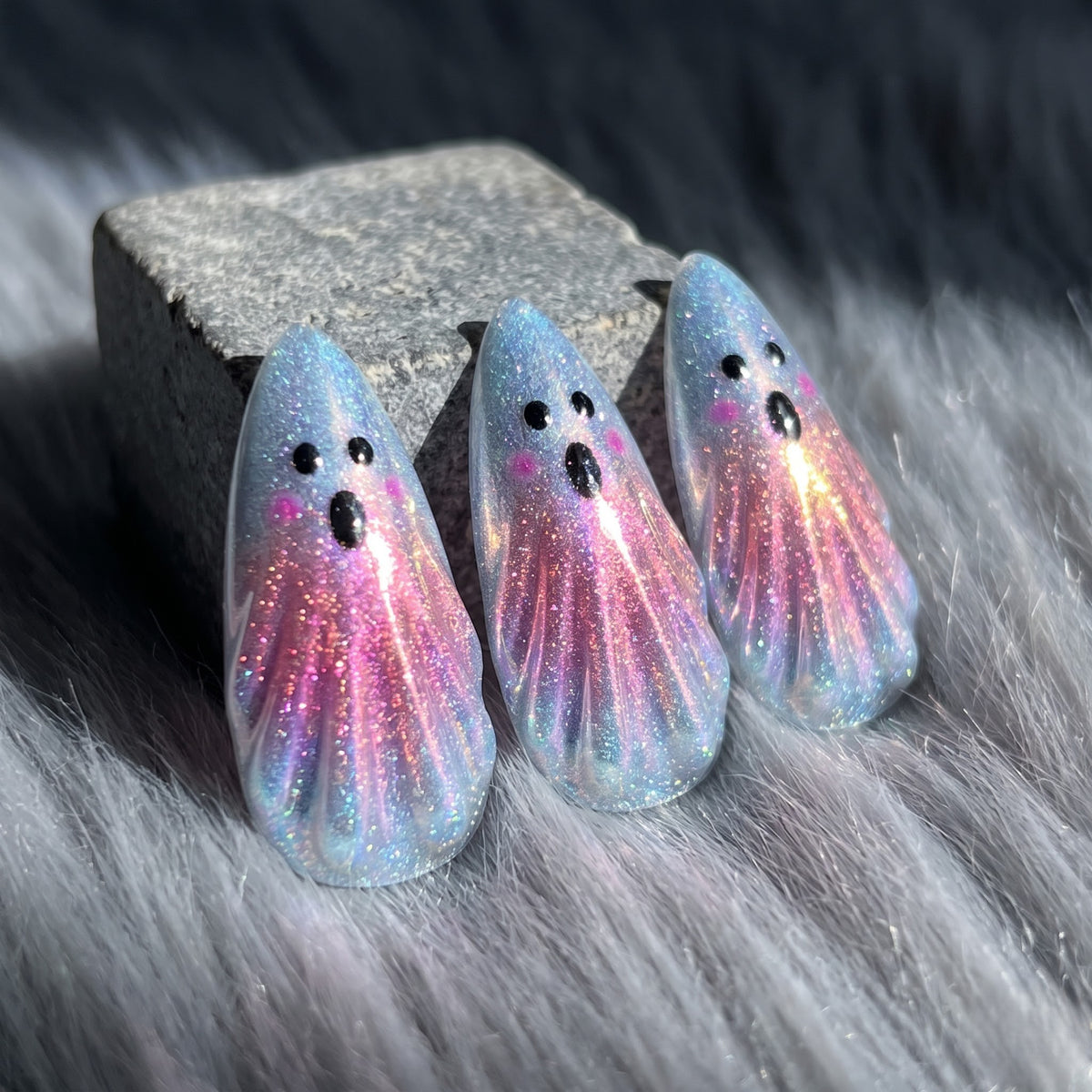 Boo Ghost Cat-Eye Spooky Almond Press On Nails