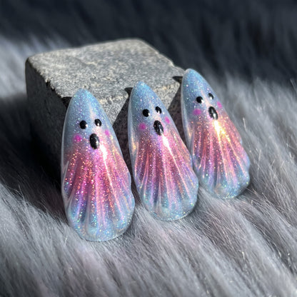 Boo Ghost Cat-Eye Spooky Almond Press On Nails