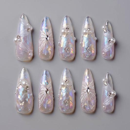 Angel Aura Iridescent Butterfly Almond Press On Nails