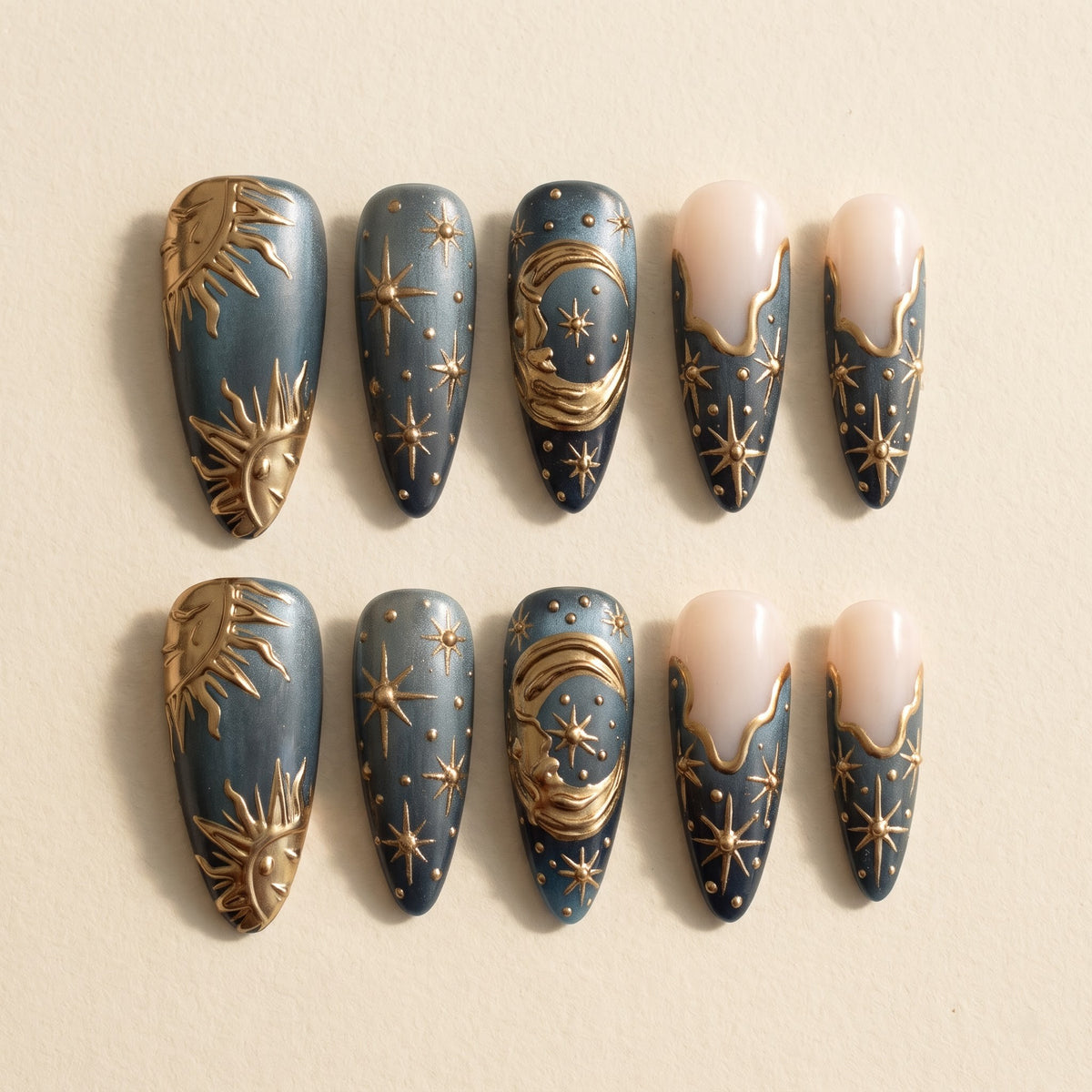 Celestial Sun & Moon Press On Nails — 3D Gold Relief Set | Handmade Teal Almond, Witchy Tarot