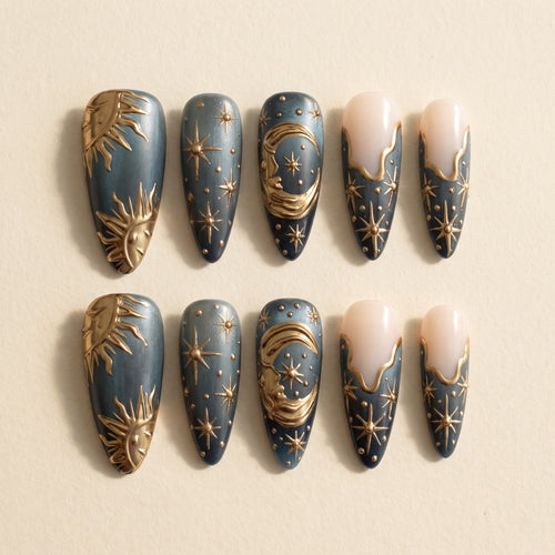 Celestial Sun & Moon Press On Nails — 3D Gold Relief Set | Handmade Teal Almond, Witchy Tarot