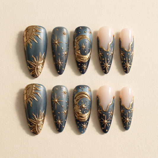 Celestial Sun & Moon Press On Nails — 3D Gold Relief Set | Handmade Teal Almond, Witchy Tarot