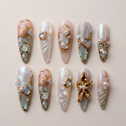 Mermaid Pearl Gold Seashell Almond Press On Nails