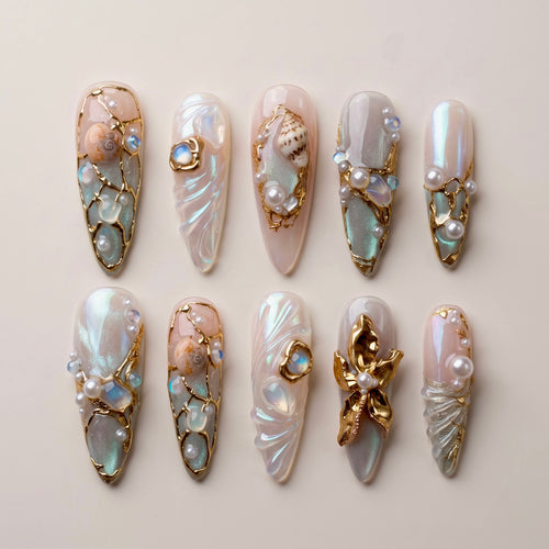 Mermaid Pearl Gold Seashell Almond Press On Nails