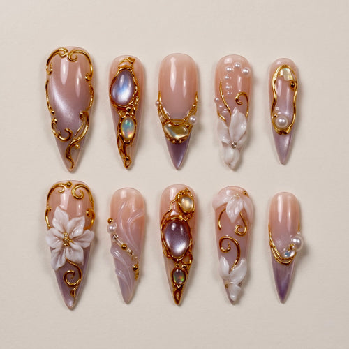 Royal Opal Gold Filigree Stiletto Press On Nails