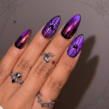 Purple Widow Cat-Eye Spiderweb Almond Press On Nails