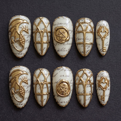Gold Dragon & Wax Seal Press On Nails — Parchment Script Set | Handmade Almond, Dark Academia