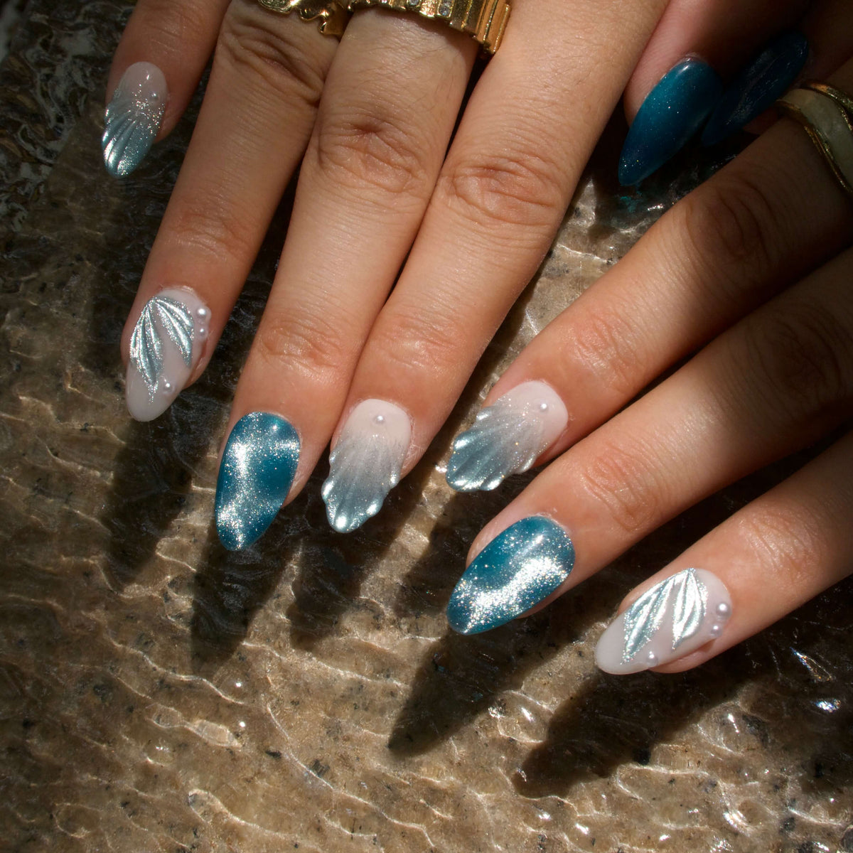 Endless Blue 3D Fresh Almond Press On Nails