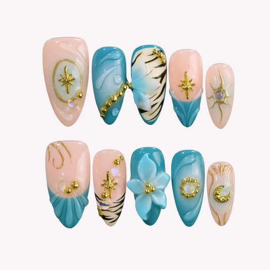 Seaspray Medium Almond Chrome Fresh Press On Nails