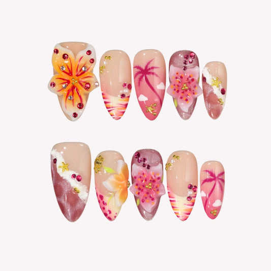 Sunset Flame Aura Fresh Almond Press On Nails
