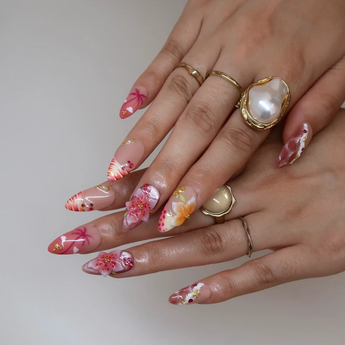 Sunset Flame Aura Fresh Almond Press On Nails