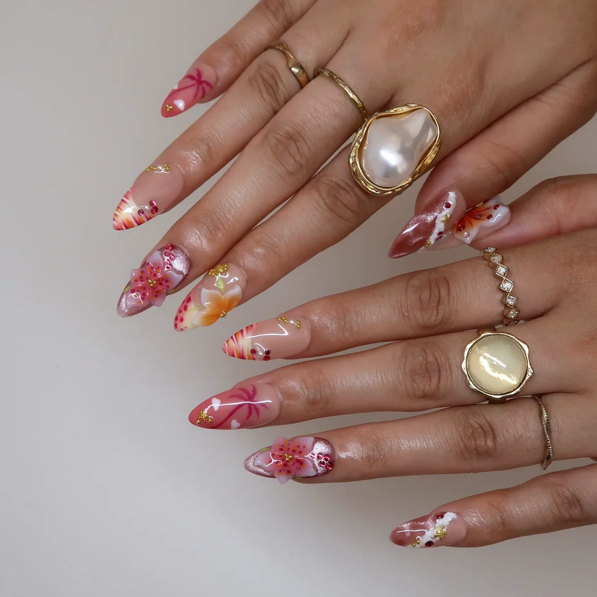 Sunset Flame Aura Fresh Almond Press On Nails