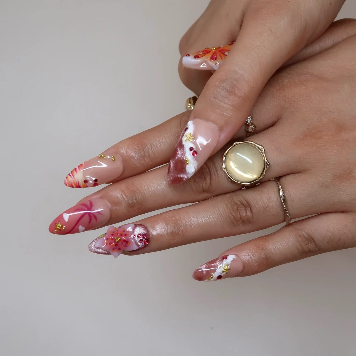 Sunset Flame Aura Fresh Almond Press On Nails
