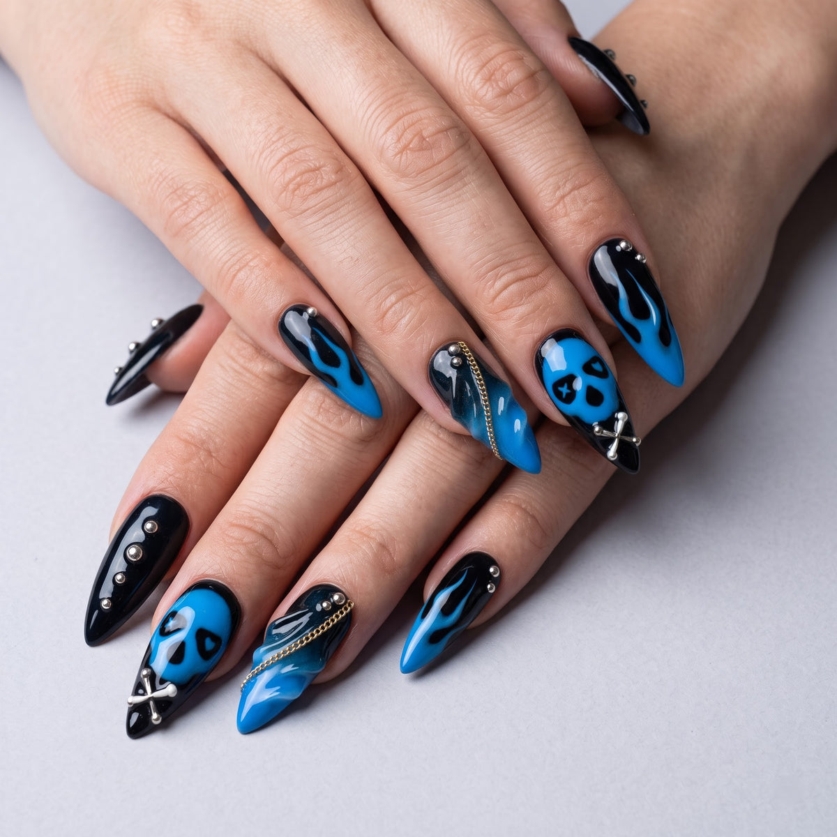 Blue Flame Skull Press On Nails — Chain & Stud Set | Handmade Black Stiletto, Y2K Grunge