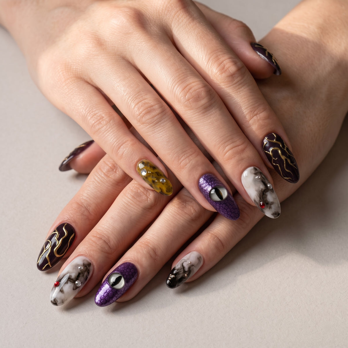 Dragon Eye Press On Nails — Gold Vein & Marble Set | Handmade Almond, Romantasy Fantasy