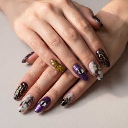 Dragon Eye Press On Nails — Gold Vein & Marble Set | Handmade Almond, Romantasy Fantasy