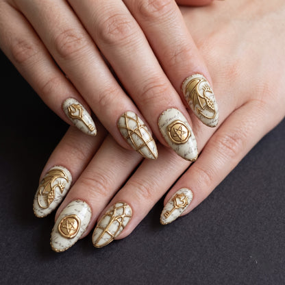 Gold Dragon & Wax Seal Press On Nails — Parchment Script Set | Handmade Almond, Dark Academia