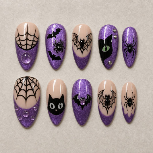 Amethyst Web Cat Eye Spooky Almond Press On Nails