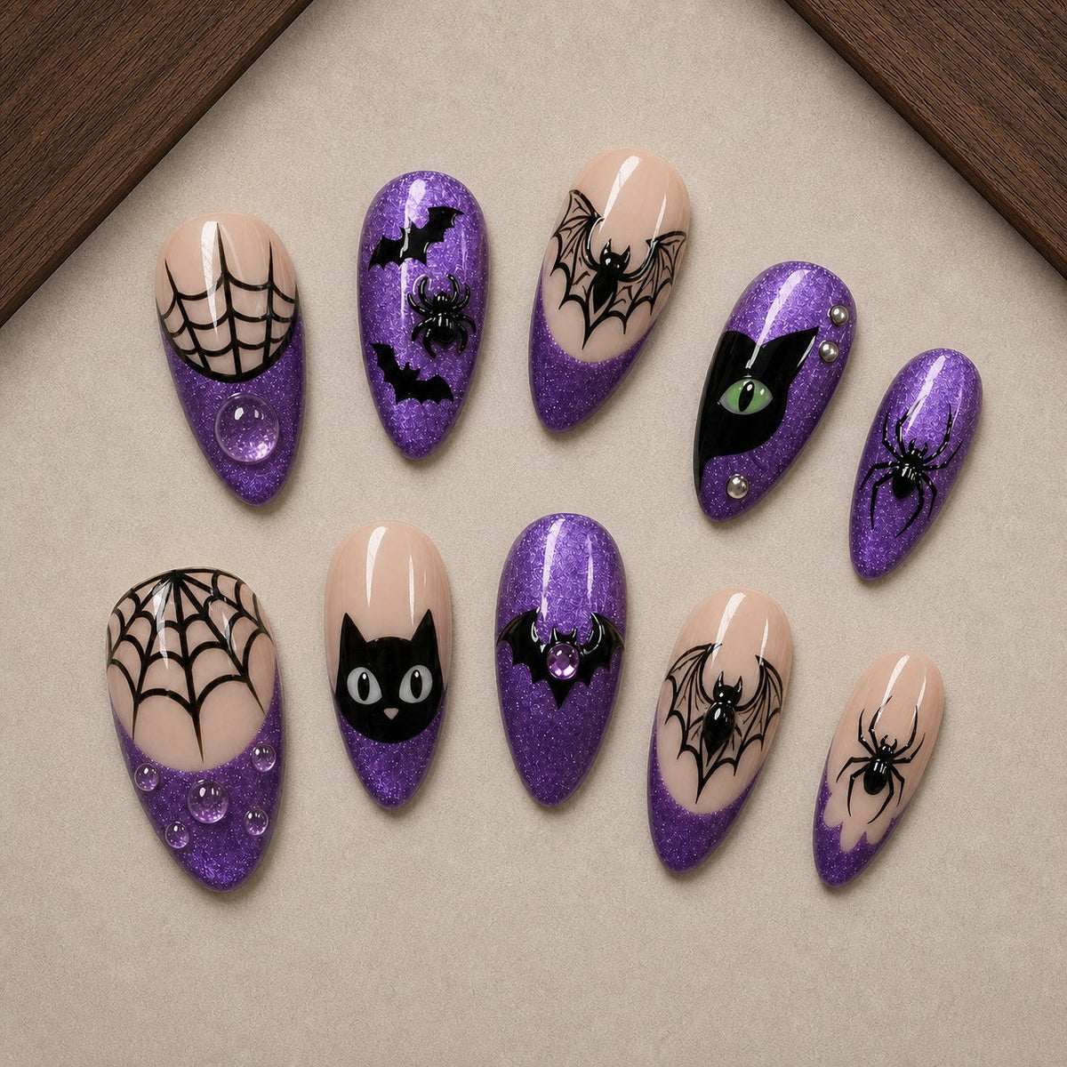 Amethyst Web Cat Eye Spooky Almond Press On Nails